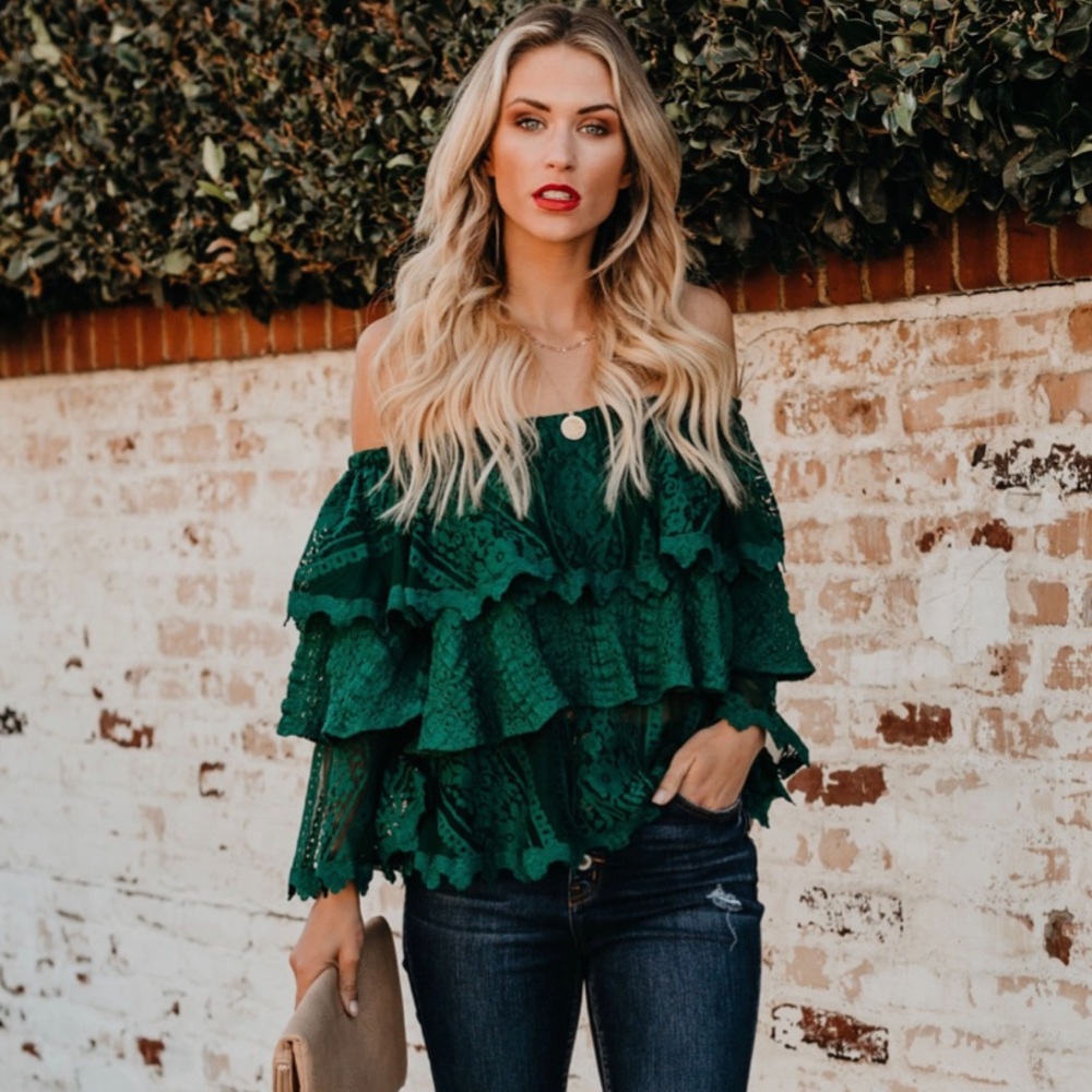 Dark green lace off the shoulder top NWT